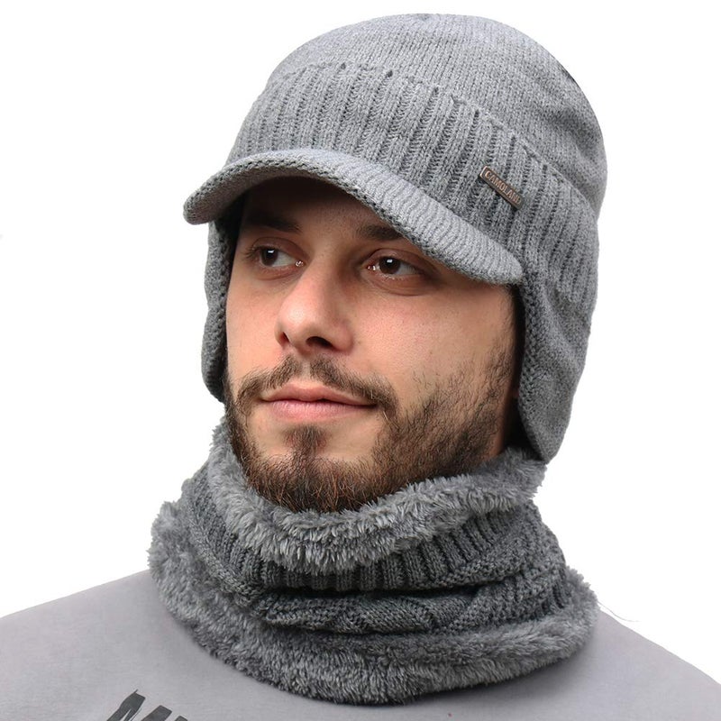 CAMOLAND 30% Wool Winter Beanie w/Visor & Earflaps for Men Outdoor Fleece Hat Scarf Set - Image 1